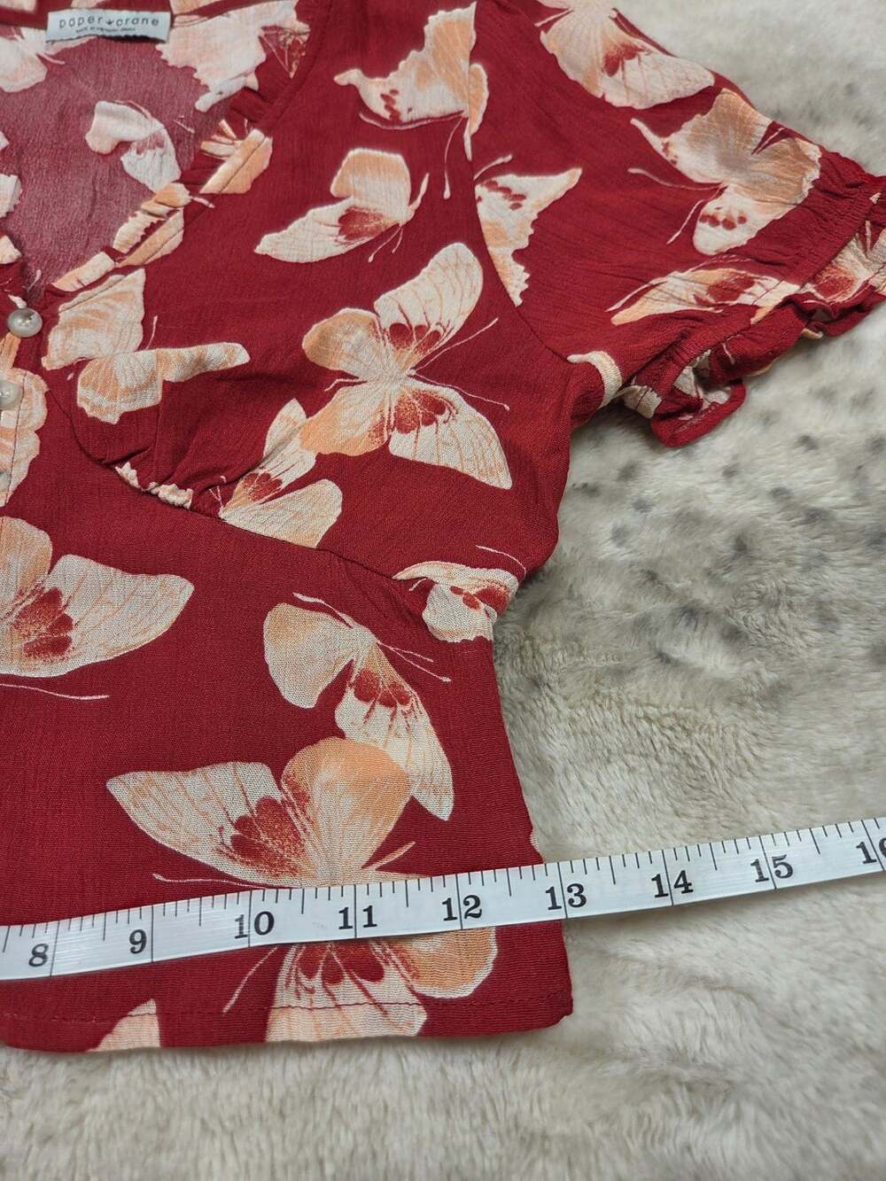 Paper Crane Red Butterfly Print V-Neck Crop Top with Smocked Back Waist, Size S - Picture 8 of 8